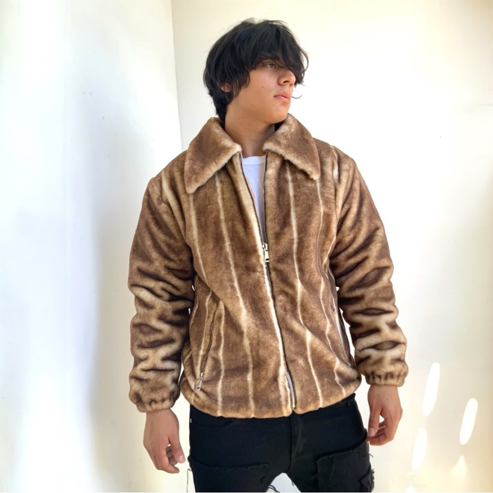 Men's Manzini Brown | White Tone Faux Fur Fuzzy Coat NWT